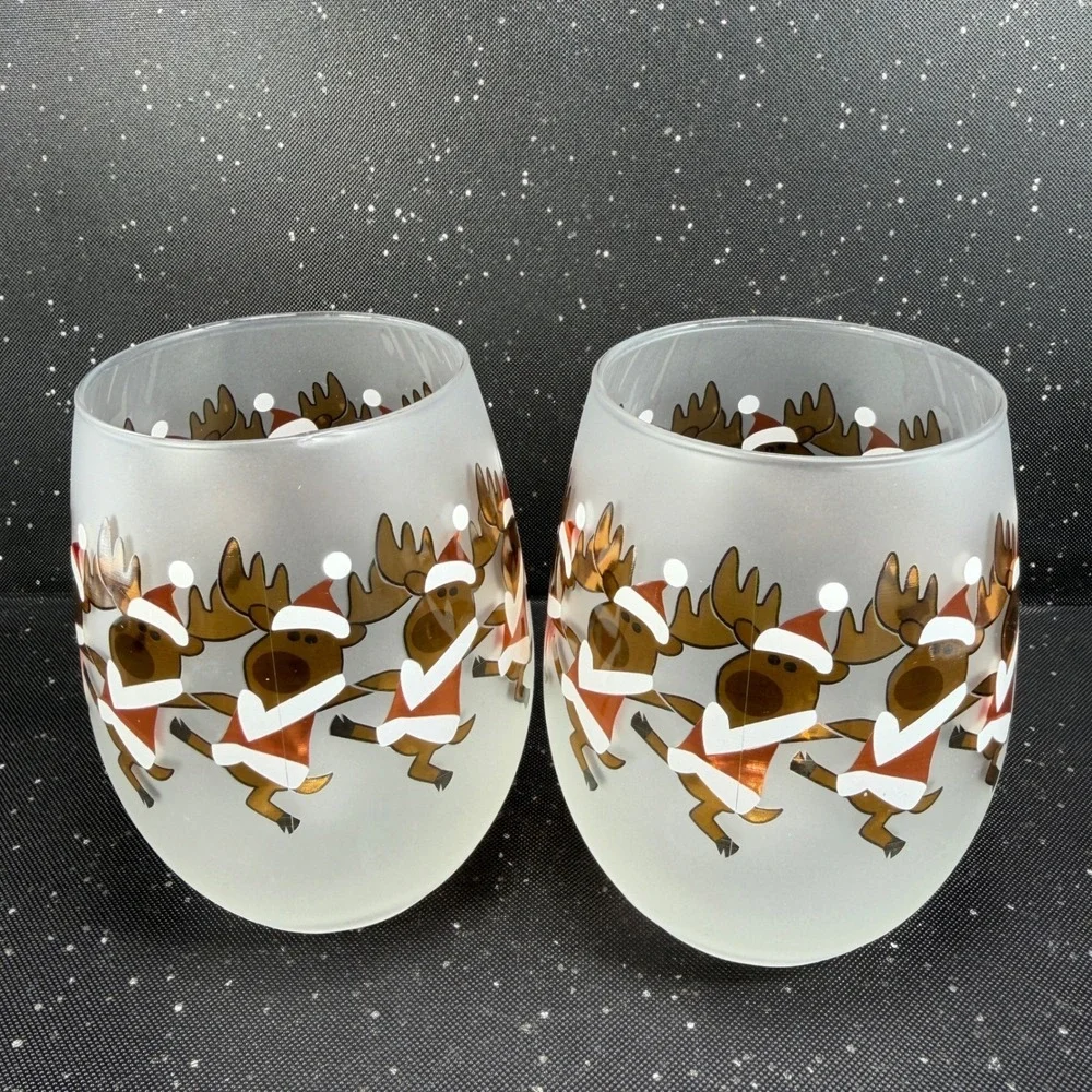 Culver Ltd Frosted Stemless Wine Glasses Dancing Reindeer Christmas Set of 2